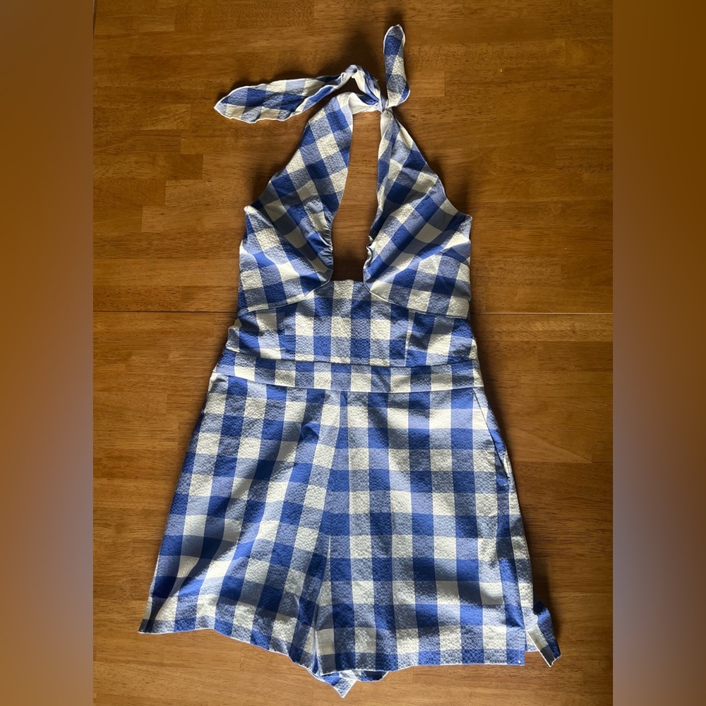 Maeve Blue and White Gingham Halter Romper